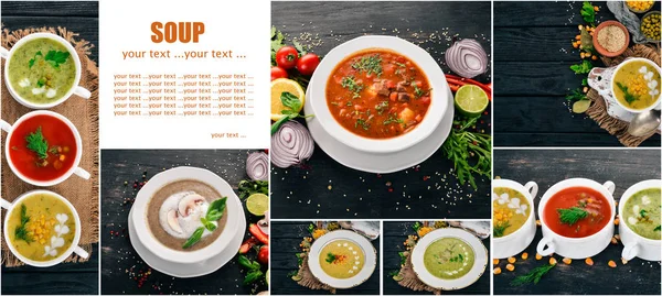 Photo Collage Soup Hot Dishes Fruits Top View — Stock Photo, Image