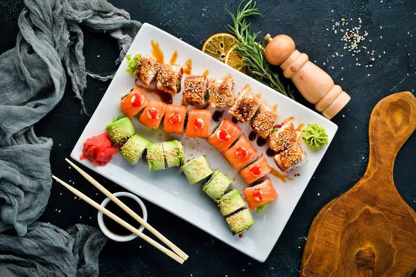 Set Sushi Roll Plato Tradicional Chino Vista Superior Espacio Libre — Foto de Stock