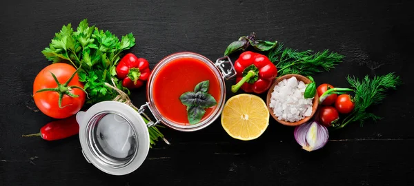 Tomato Paste Ketchup Vegetables Homemade Top View Black Background Free — Stock Photo, Image