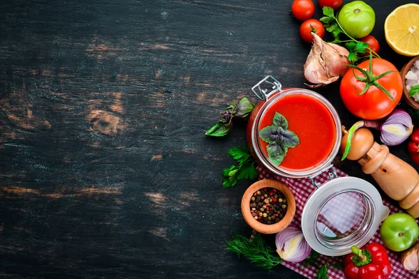 Pâte Tomate Ketchup Aux Légumes Maison Vue Dessus Sur Fond — Photo