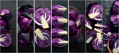 Mor lahana fotoğraf kolaj. Siyah arka planda üst görünüm.