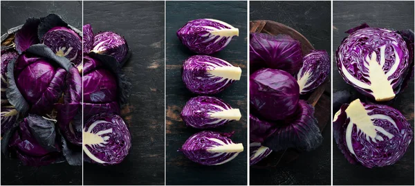 Photo Collage Purple Cabbage Top View Black Background — Stock Photo, Image
