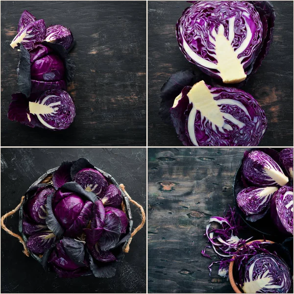 Photo Collage Purple Cabbage Top View Black Background — Stock Photo, Image