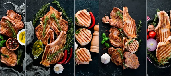 Photo Collage Steak Bbq Grill Top View — Stock Photo, Image