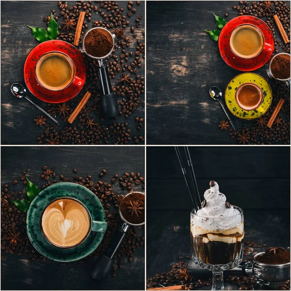 Colagem Fotos Café Bebidas Quentes Vista Superior — Fotografia de Stock