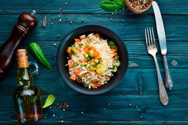 Risotto Vegetables Plate Rice Old Background Top View Free Space — Stock Photo, Image