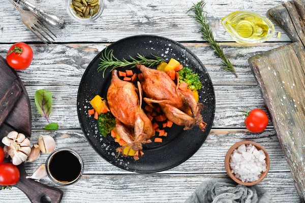 Baked Quail Black Background Top View Free Space Your Text — Stock Photo, Image