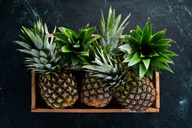 Ahşap bir kutuda ananas. Tropikal meyveler. Üst görünüm. Ücretsiz kopya alanı