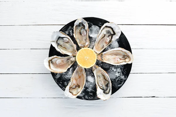 Fresh oysters in a plate of ice and lemon. Seafood. Top view. Free copy space.