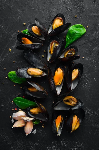 Bir tabak baharatlar ile haşlanmış midye. Üst görünüm. Metniniz için boş alan. Eski arka planda.