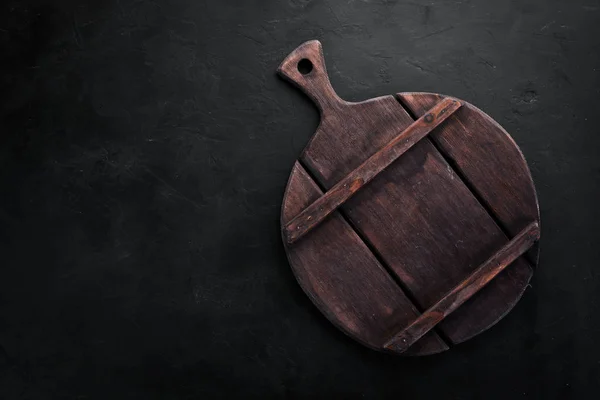 Kitchen Wooden Board Black Stone Background Top View Free Copy — Stock Photo, Image