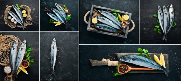 Foto Collage Vis Makreel Specerijen Een Zwarte Achtergrond — Stockfoto