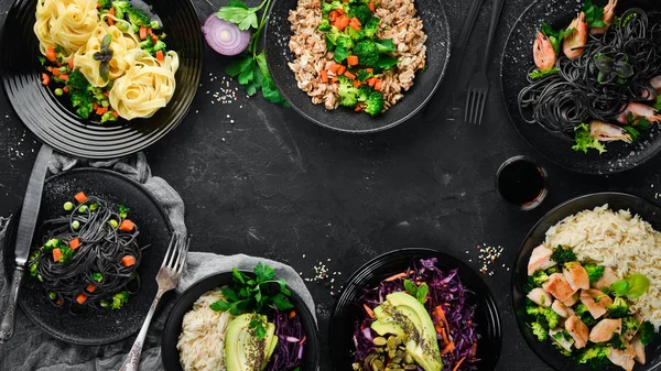 Een Set Van Eten Gerechten Pasta Rijst Risotto Salade Een — Stockfoto