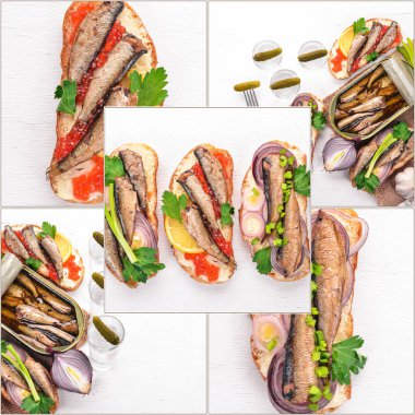 Fotoğraf kolaj Sprat ve bir sandviç. Üstte görüntü.