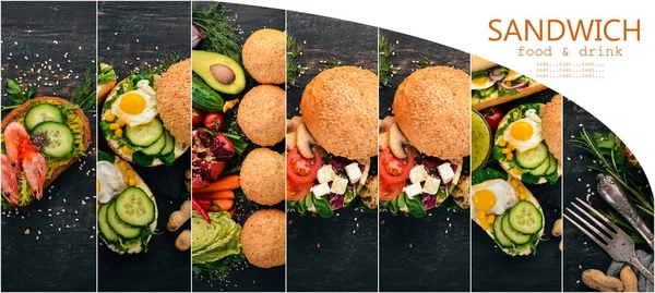 Fotoğraf Kolajı Sandviç Burger Üst Görünüm — Stok fotoğraf