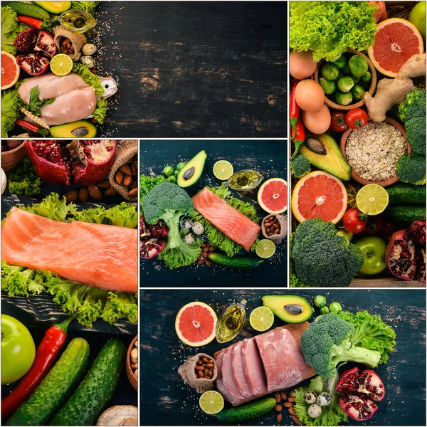 Photo collage Healthy food. Fruits and vegetables. Top view.