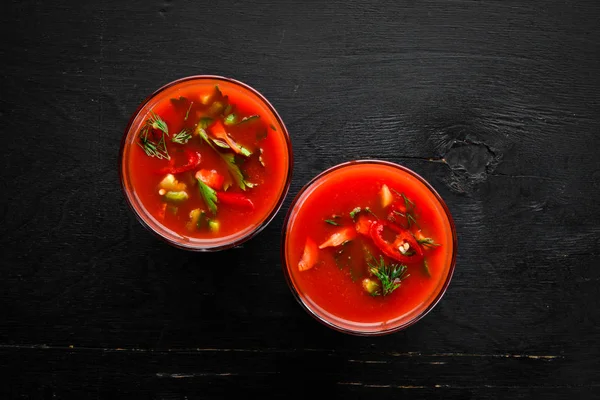 Sopa Gazpacho Glas Sopa Tomate Con Cebolla Pimentón Perejil Vista — Foto de Stock