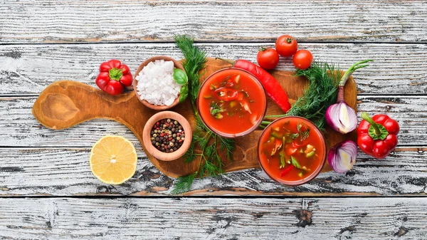 Minestra Gazpacho Glas Zuppa Pomodoro Con Cipolla Paprica Prezzemolo Vista — Foto Stock