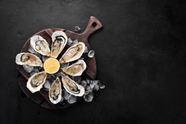 Beyaz ahşap arka planda buz ve limon ile istiridye. Deniz ürünleri. Üst te. Ücretsiz kopyalama alanı.