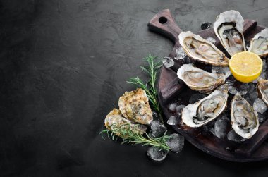 Beyaz ahşap arka planda buz ve limon ile istiridye. Deniz ürünleri. Üst te. Ücretsiz kopyalama alanı.