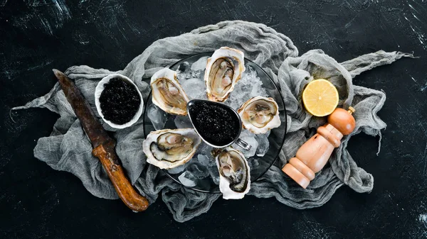 Beyaz ahşap arka planda buz ve limon ile istiridye. Deniz ürünleri. Üst te. Ücretsiz kopyalama alanı.