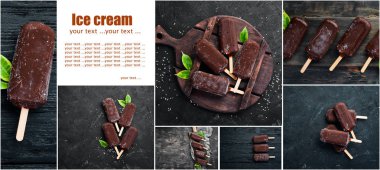 Fotoğraf Kolaj Dondurma. Tropikal Meyveler. Siyah arka planda.