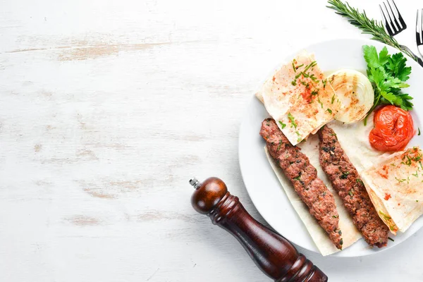 Lamb Kebab Pita Bread Spices Black Background Top View — Stock Photo, Image