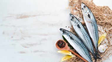 Beyaz ahşap arka plan üzerinde uskumru. Çiğ balık Üst görünüm. Ücretsiz kopyalama alanı.