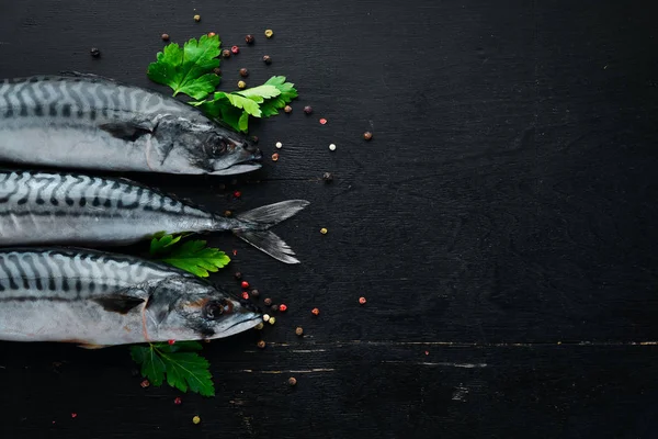 Fish. Raw Mackerel on a black wooden background. Top view. Free copy space.