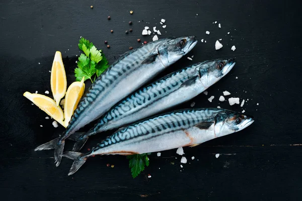 Fish. Raw Mackerel on a black wooden background. Top view. Free copy space.