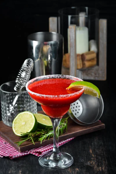 Margarita Fraise Cocktail Alcoolisé Sur Fond Bois Vue Dessus Espace — Photo