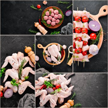 Fotoğraf kolaj Çiğ tavuk ve tavuk eti. Üstte görüntü.