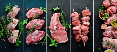 Photo collage Raw meat and steak. Top view. clipart