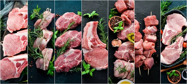 Collage Fotografico Carne Cruda Bistecca Vista Dall Alto — Foto Stock