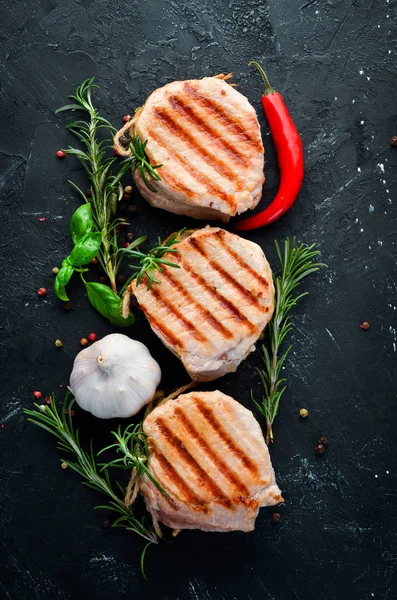 Baked Meat Medallions Rosemary Grill Barbecue Black Stone Background Top — Stock Photo, Image