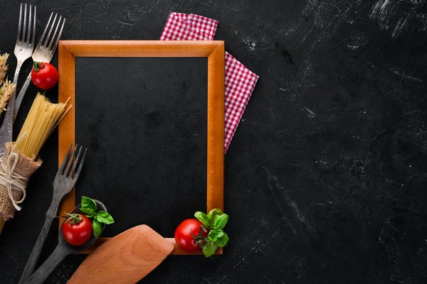 Tablero Madera Para Notas Con Verduras Menú Viejo Fondo Vista —  Fotos de Stock