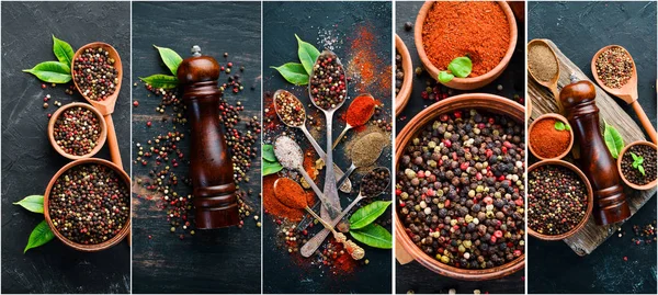 Background Spices Photo Collage Pepper Spices Top View Black Background — Stock Photo, Image