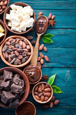 Mavi ahşap arka planda çikolata, kakao ve kakao çekirdekleri. Üst te. Ücretsiz kopyalama alanı.