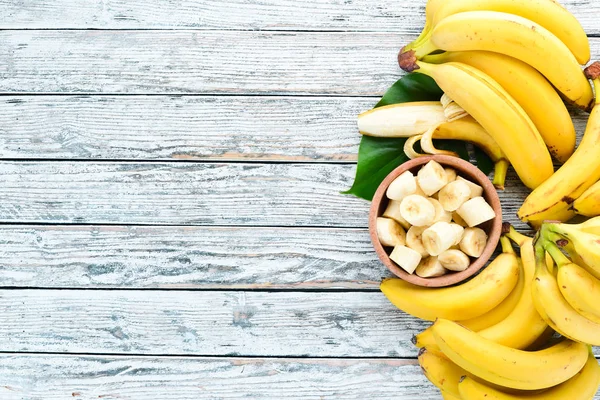 Banana Green Leaves White Wooden Table Tropical Fruits Top View — Stock Photo, Image