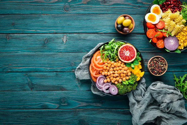 Buddha Schale Vorhanden Erbsen Brokkoli Tomaten Zwiebeln Ansicht Von Oben — Stockfoto