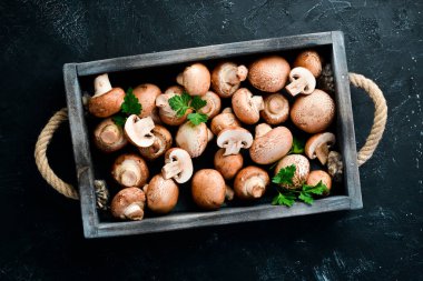 Eski masadaki tahta kutuda mantarlar. Champignons Üst görünüm. Ücretsiz kopyalama alanı.