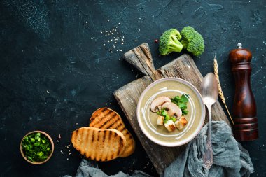 Kızarmış ekmek ile bir kase mantar Kremalı çorba. Diyet yemekleri. Üstte görüntü.