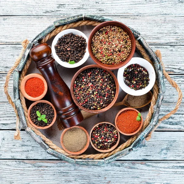 Spices Wooden Box Colored Pepper Sea Salt Ground Pepper Chili — Stock Photo, Image