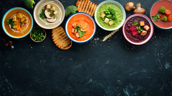 Surtido Sopas Crema Vegetal Colores Alimento Dietético Sobre Fondo Piedra — Foto de Stock