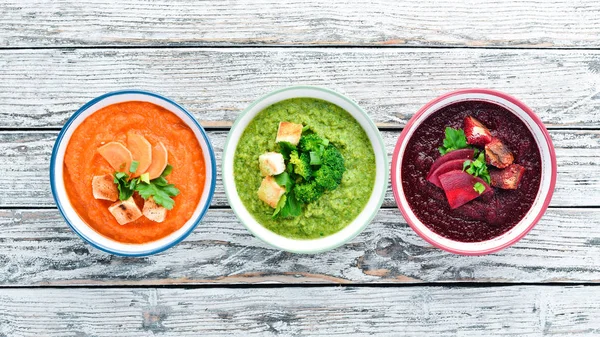 Verscheidenheid Aan Kleurrijke Groenten Crème Soepen Concept Van Gezond Eten — Stockfoto