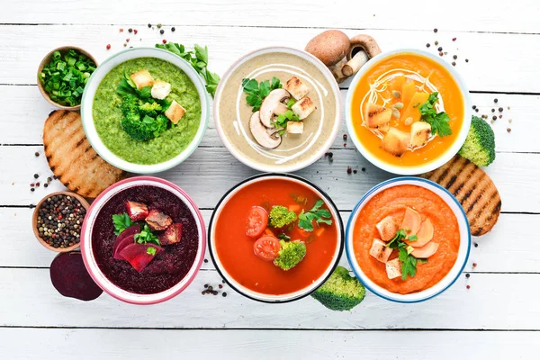 Variety Colorful Vegetables Cream Soups Concept Healthy Eating Vegetarian Food — Stock Photo, Image