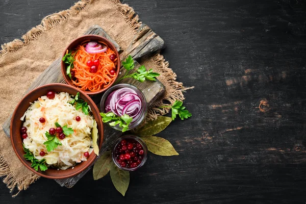 Sauerkraut Jar Kitchen Table Cabbage Cauliflower Top View Free Space — Stock Photo, Image