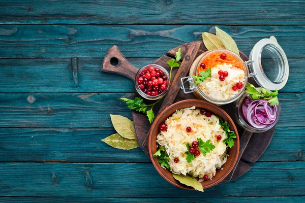 Sauerkraut Jar Kitchen Table Cabbage Cauliflower Top View Free Space — Stock Photo, Image