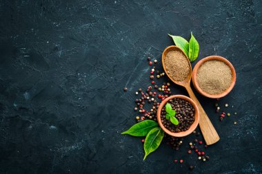 Bir dizi biber. Karabiber, renkli biber, karabiber, kurutulmuş biber. Üst te. Siyah bir arka plan üzerinde. metniniz için boş alan.