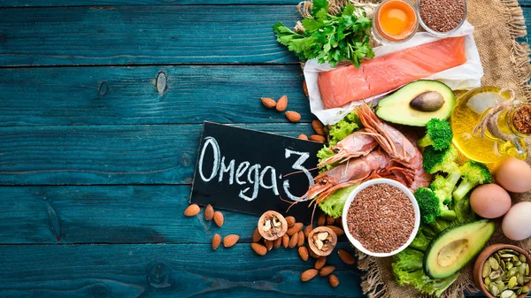 Lebensmittel Die Omega Vitamine Enthalten Avocados Fisch Garnelen Brokkoli Flachs — Stockfoto